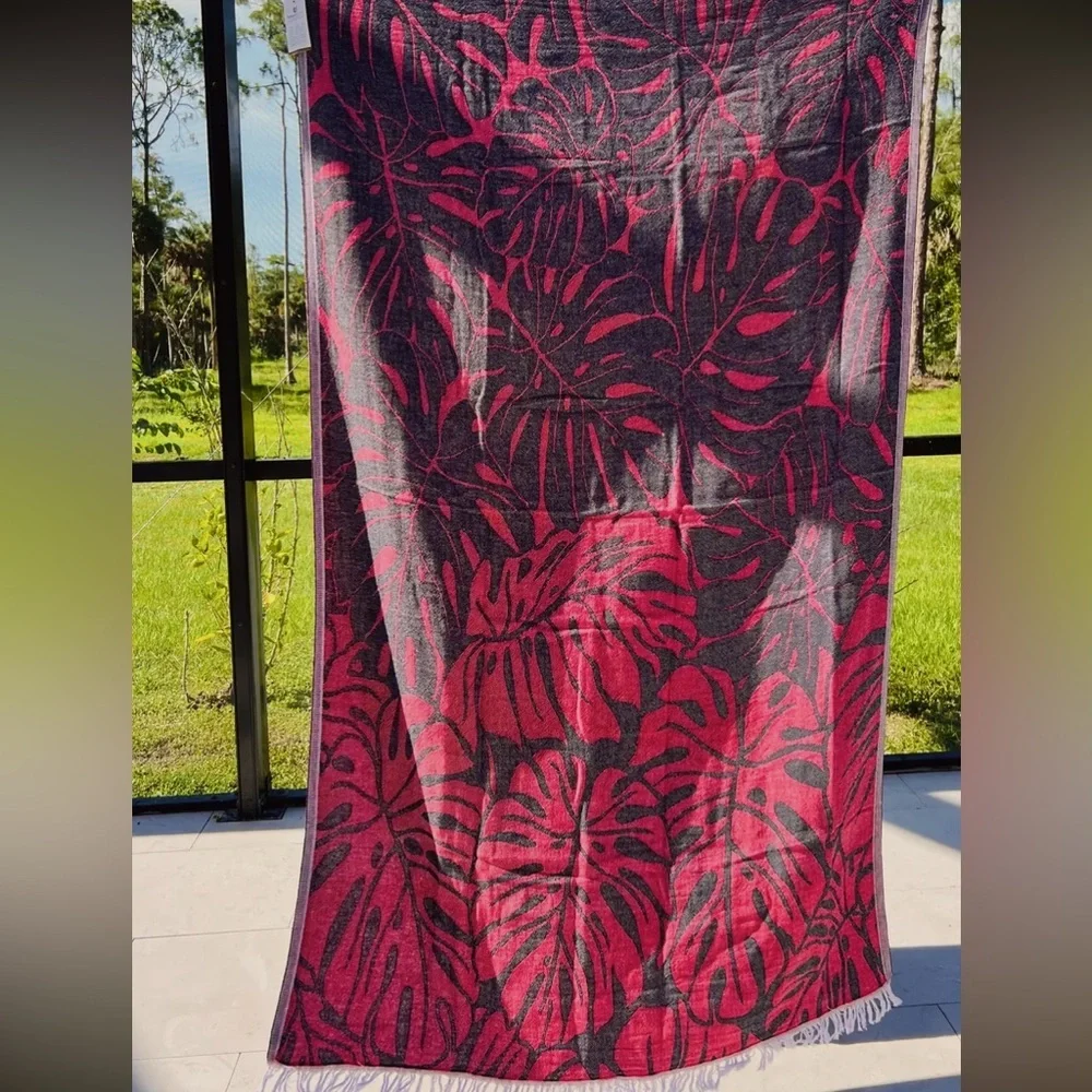 Red + Black Modern Monstera Travel Blanket Towel Wrap Organic Cotton New